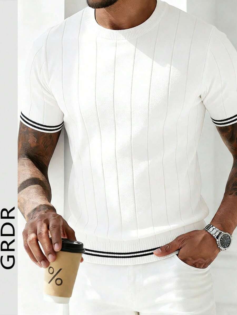 GRDR Men's Summer Ribbed Crew Neck Knit Short Sleeve Sweater - White - View 1