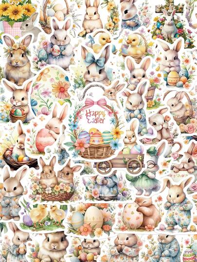 50pcs Easter Egg Bunny Sticker Cartoon Funny Decal For Phone Case Laptop Diary Fridge Closet Wallet Backpack Envelope Label DIY Decal Decoration Sticker PVC Holiday Gift