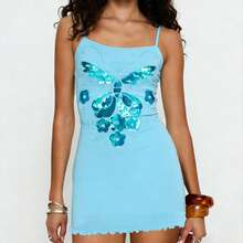 Women's Strappy Sequined Patchwork Dress With Floral/Butterfly Pattern And Ruffled Hem, Women's Vacation Casual Mini Dress. - Màu xanh lam - Xem 3