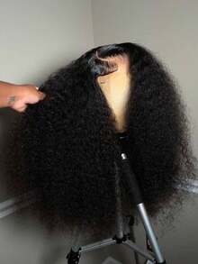CEXXY Kinky Curly Perücke HD Transparent Lace Front Perücke Tiefer Scheitel 13x6 Lace Front Perücke Deep Wave Echthaar 200 Dichte Remy brasilianisches Echthaar vorgezupft mit Babyhaaren Naturfarbe - Natural Black - Übersicht 2