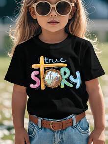 Children's Christian He Is Risen T-Shirt - True Story Cross And Resurrection Design, Comfortable Casual Round Neck Short Sleeve Easter Church Clothing, Christian Faith Clothing, Suitable For Boys And Girls, Spring Summer Autumn Church Activities And Casual Wear, Geometric Pattern And Cross Graphic, Breathable Fabric, Suitable For Regular Style For Activities And Games, Suitable For Easter Celebrations And Christian Gatherings, Boys' T-Shirt, Boys' Old Clothes, Back To School, Boys/Church Shirt, Toddler Boys' Clothing - 彩色 - 查看 3