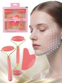 3pcs Face Gua Sha Massage Tool Set With Roller, Face And Neck Massager - Mother's Day Gift - Facial Care Gift For Mom, Beauty, Skincare, Spa, Self-Care, Skincare Tools, Facial Care, Beauty Supplies, Massage, Face Massage Tools, Face Roller - Multicolor - View 1