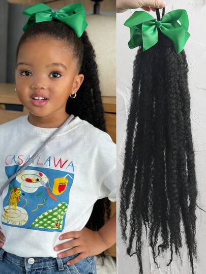 1pc Afro Fluffy Kinky Curly Ponytails With Bow Clip Natural Black 18inch Synthetic Hair Pieces, Comfortable Wig Accessories Suitable For Girls