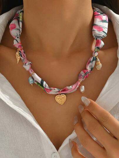 1pc Vintage Creative Heart & Seashell Faux Pearl Pendant Pink Scarf Necklace, Suitable For Women's Daily And Party Wear