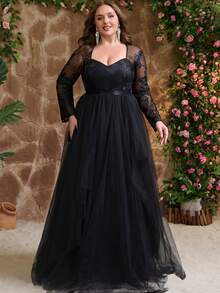 Robe de soirée élégante et glamour pour femmes en grande taille, avec patchwork de maille et de dentelle, fermeture éclair. Convient pour les invités de mariage, avec encolure en cœur et manches longues. Robe de bal longue en dentelle, idéale pour les mariages, les fêtes et les occasions formelles, pour le printemps/l'été/l'automne/l'hiver - Noir - Voir 2