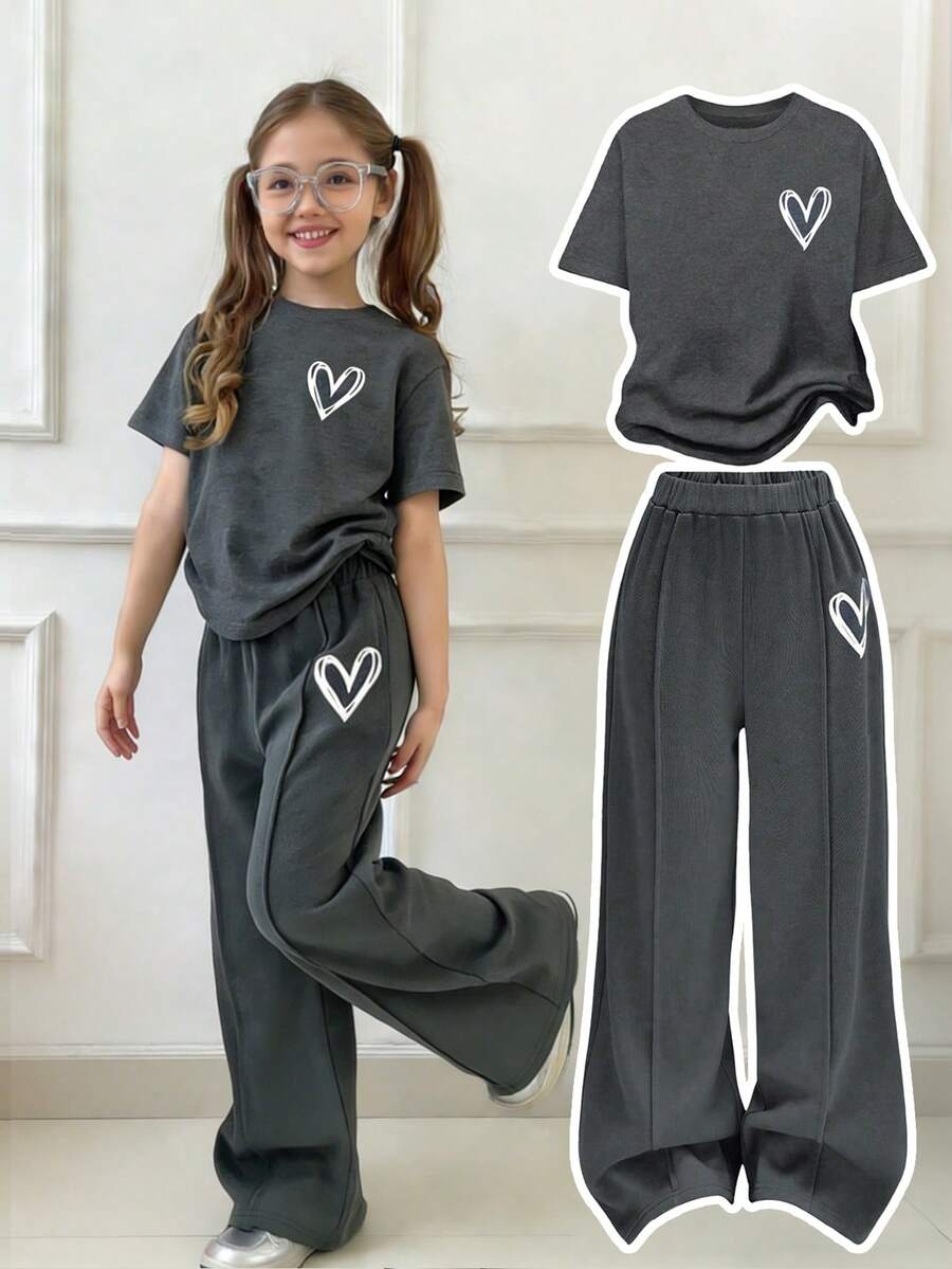 Tween Girls' Heart Print Short Sleeve T-Shirt And Pants Casual Outfit - Dark Grey - View 1