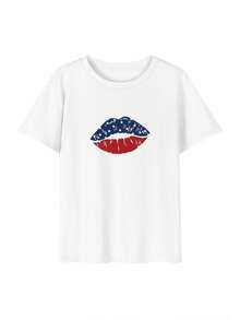 Camiseta de manga corta con cuello redondo para mujeres. Estilo casual, con diseño moderno y estampado, cómoda y transpirable. Ideal para hombres y mujeres, perfecta para parejas. Camiseta con estampado elegante de manga corta, también disponible en talla media-corta, cómoda y respirable. - Blanco - Ver 2