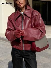 Lumielle Women's Loose Casual Faux Leather Jacket, Regular Fit, Autumn/Winter Viral Oversized Cropped Bomber Jacket | Y2K Streetwear Tredy Black Zip-Up Coat | It-Girl Aesthetic Fall Outerwear Jackets For Women Winter Clothes For Women Valentine Outfits For Women Gym Clothes Women - Red - View 5