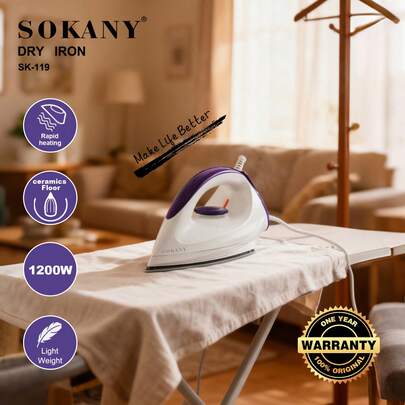 Bàn ủi điện gia dụng SOKANY 119, công suất cao 1200W, làm nóng nhanh, 5 mức nhiệt độ, nhiệt độ đồng đều và ổn định. Mặt đế chống dính bằng gốm, chống mài mòn và nhẵn mịn, thiết kế mặt đế lớn hơn, bền hơn và hiệu quả hơn.