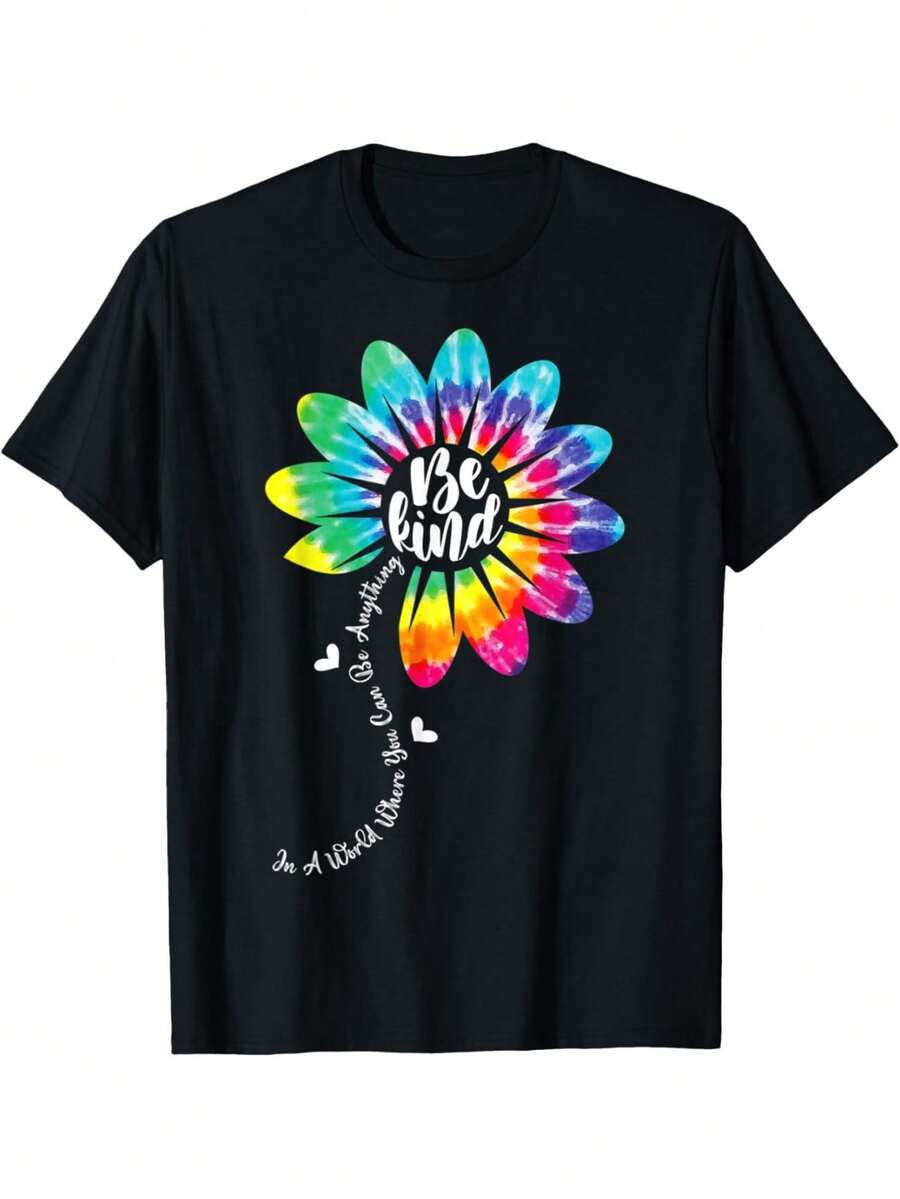 in a World Where Be Kind Tie Dye Flower T-Shirt Tops Tee - Blanc - Voir 1