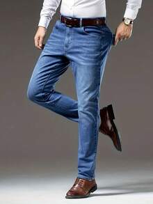 Men's Pure Cotton Slim Fit Straight Leg Jeans Solid Color Slim Fit Style Dark Denim Long-Length Solid Color Workwear Pants Husband/Boyfriend Gift Work/Outings/Urban/Vacation/Campus Wear Solid Color Regular Fit Men's Jeans Christmas Gift For Husband And Father Men's Jeans - 藍色 - 查看 3