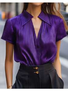 法式复古优雅设计V领短袖缎面条纹印花衬衫，交叉条纹办公休闲夏季女式衬衫 - 紫色條紋 - 查看 9