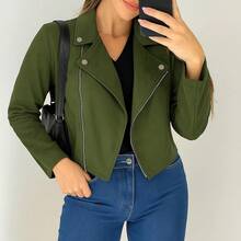 Jaqueta Feminina de Suede Estilosa Com Botões e Zíper Prata Estilo confortável Blusa de Frio - Verde Militar - Visão 3