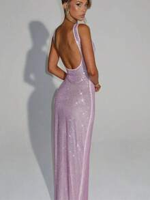 Fashionable Socialite, Mature Lady Style, Slim Fit, Slimming Street Party, Sexy Shoulder Strap, Sequin Mesh Diamond Suspender Dress, Feminine Temperament, Waist Cinching, Headband, Hip Bag Skirt - 粉色 - 查看 1