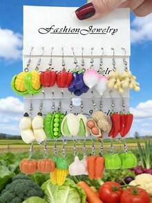 10pcs/30pcs New Crossborder Dopamine Realistic Vegetable Series Resin Earring Set - Funny & Cute Pumpkin, Ginger, Eggplant, Pea, Peanut Earrings, Women Accessories - Multicolor - View 12