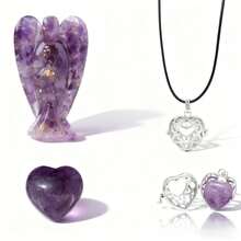 3件套水晶吊坠套装 - 镂空心形锁吊坠、紫水晶、粉晶、爱情疗愈水晶石和口袋守护天使。圣诞节、新年、情人节，爱的礼物。 - 多色 - 查看 1