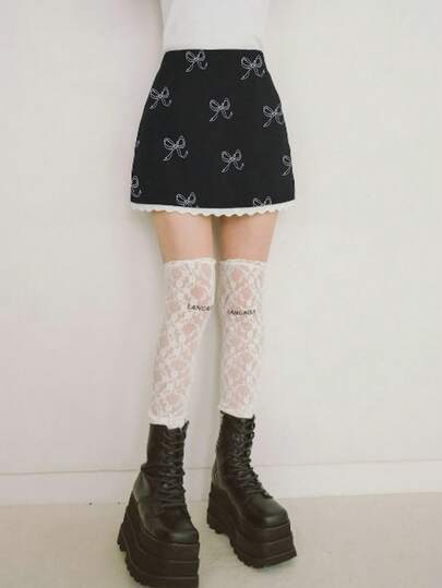 撞色腰蕾丝边休闲短裙，女士春夏装