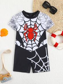 Áo tắm tay ngắn raglan in hình nhện cho bé trai, thích hợp cho mùa hè. - Đen và trắng - Xem 1