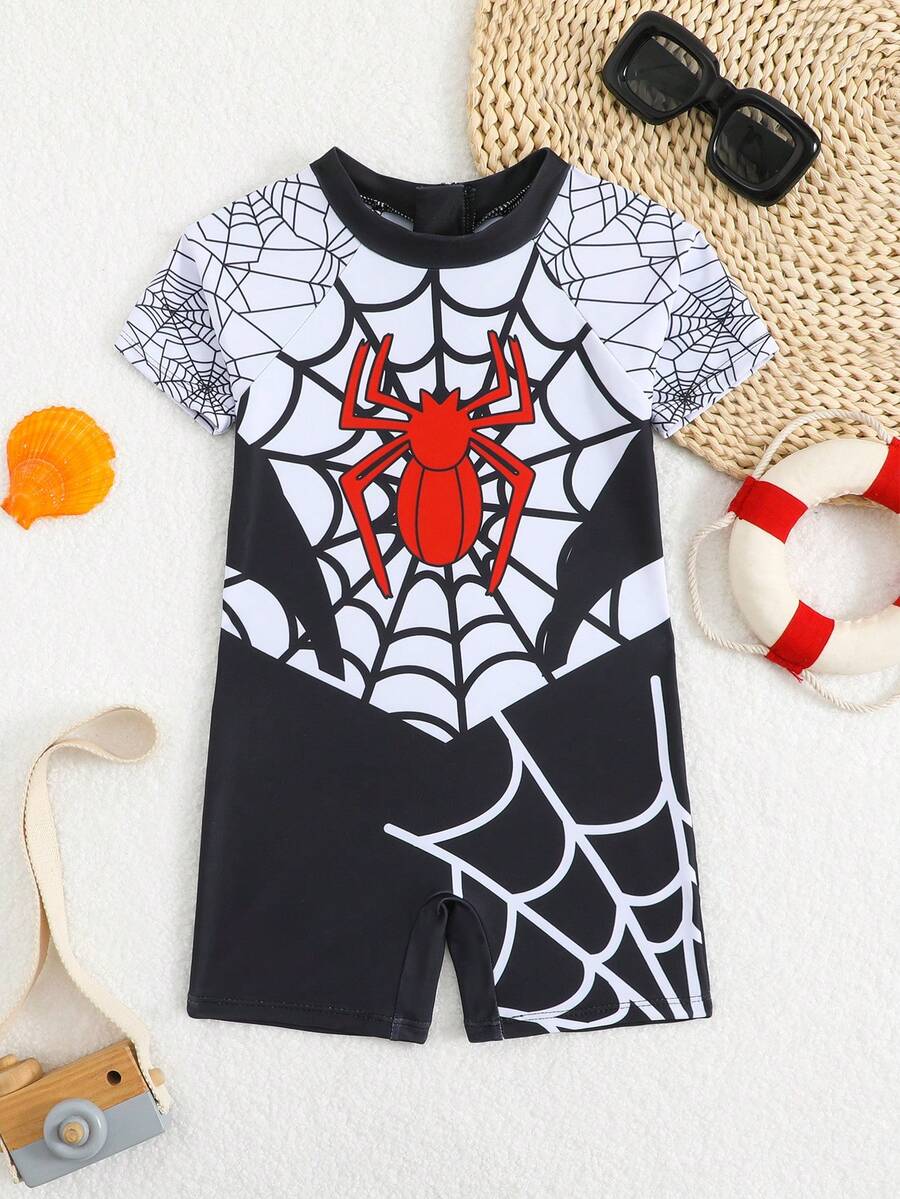 Áo tắm tay ngắn raglan in hình nhện cho bé trai, thích hợp cho mùa hè. - Đen và trắng - Xem 1