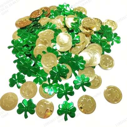 100pcs/Pack, 1oz (30g) St. Patrick's Day Tabletop Decor, Plastic Gold Coins, Shamrocks, Colorful Confetti, Suitable For Irish St. Patrick's Day Party Decoration