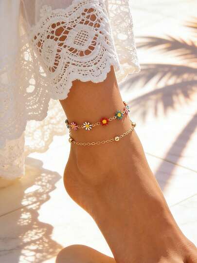 1 pieza Tobillera de estilo bohemio con decoración floral colorida de varias capas, adecuada para uso diario de mujeres y niñas, playa, citas, fiestas, regalo de vacaciones, color aleatorio