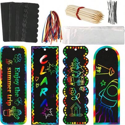 Scratch Art Bookmarks - 36 Sets 4 Style Making Kit Paper With Scratching Tools Satin Ribbons Create Without Ink Ornaments Hanging Party Favors Classroom