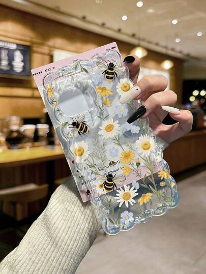 Bee & Flower Painted Braided Wave Edge Elegant TPU Protective Phone Case Compatible With Iphone 17pro/17Air /17/17promax 16/11/16pro/16plus/16promax/16e/15Promax/13/14/12/XS/XR/7G/8PXR /7/8, Compatible With Iphone 15Promax, 13, 14, 11, X, 12, 14