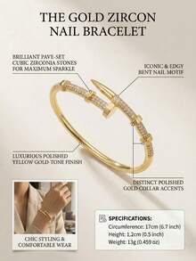 Luxury Cubic Zirconia Pave Nail Design Open Cuff Bracelet, 18K Gold Plated Street Style Bangle Jewelry Gift For Women,Women's Fashion Rhinestone Decor Nail Shaped Bracelet, High Quality Gold Tone Micro-Inlaid Open Bangle For Party - Multicolor - View 3