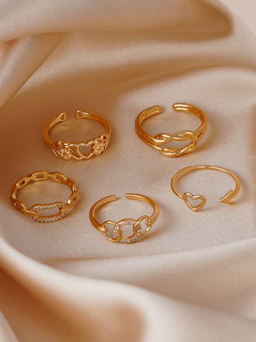 5pcs Elegant Cubic Zirconia Heart, Knot, Geometric Ring Set, Suitable For Women's Daily, Date, Party Wear - Yellow Gold - View 1