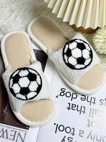Unisex Football Pattern Embroidered Open Toe Flat Slippers, Soft Plush Non-Slip House Slippers, Spring/Summer - White - View 3