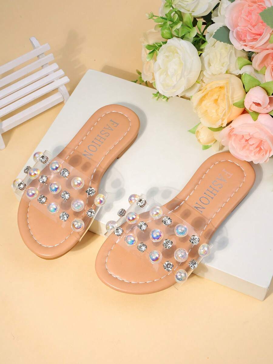 1 Pair Of Girls' Shoes, Transparent With Iridescent Rhinestone Decoration, Open-Toe Sandals, Flat And Anti-Slip, Suitable For Daily Play And Summer Parties - 無色 - 查看 1