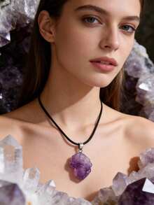 2 piezas Pulsera y colgante de collar de cuarzo amatista, pulsera de piedras de guijarro púrpura - Morado - Ver 6