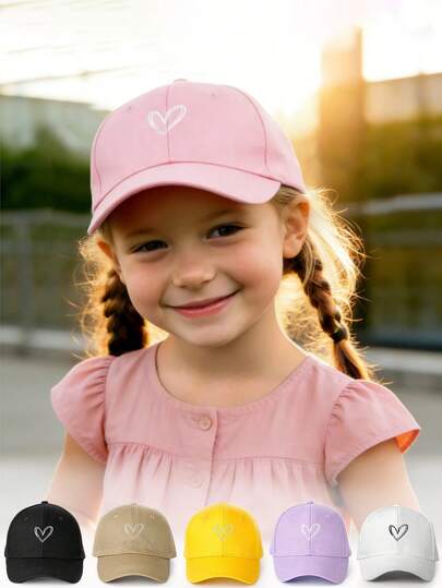 1pc Embroidered Heart Kids Washed Baseball Cap, Adjustable Outdoor Sun Protection Casual Hat Suitable For Spring, Autumn, Travel, Beach, Y2K Style For Boys And Girls