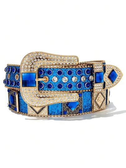 1条欧美风格镶钻蓝色男士腰带，个性化装饰真皮腰带，百搭休闲裤配饰