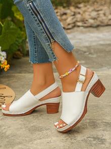 Plus Size Women's Fashion White Strap Buckle Open Toe Chunky Heel Sandals, Elegant Backless Comfortable Versatile High Heel Sandals - White - View 4