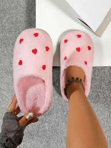 Small Love Heart Warm And Comfortable Winter Indoor Home Flat Bottom Closed Toe Simple Soft Bottom Cotton Slippers - Hồng - Xem 2