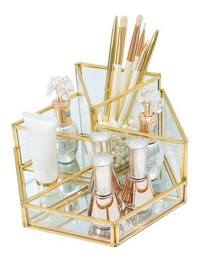 高品质手工复古玻璃多功能化妆品展示收纳盒，梳妆台收纳盒，可放置口红、珠宝、化妆刷、眼线笔、香水和护肤品，黄铜储物罐