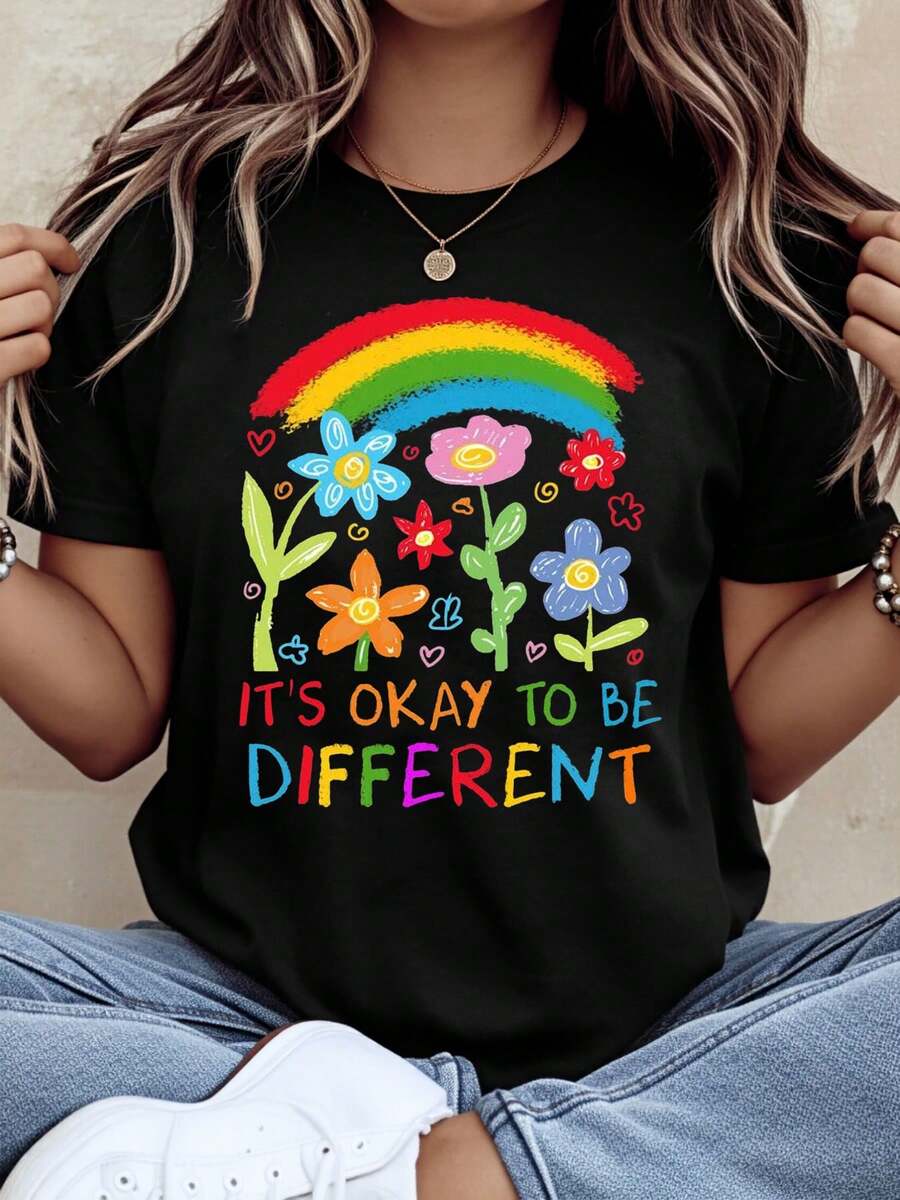 Its Okay To Be Different Rainbow Flower T-Shirt For Women Unisex Cute Colorful Design Motivational Message Shirt For Kids Adults Pride Day Celebration Gift Wearable Art Statement Top,220g - 黑色 - 查看 1