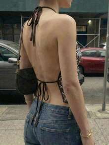 1件装女士个性性感亮片吊带V领背心，时尚透明，展现个性街头风，适合派对穿着，亮片拼接半透明吊带背心，适合海滩、约会、日常穿着 - 棕色 - 查看 2