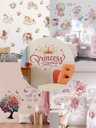 1pc Multi-Size PVC Removable Wall Sticker, Decorative Wall Decals For Kids Room, Includes Dreamlike Tree & Butterfly, Pink Crown, Teddy Bear, Unicorn, Hot Air Balloon, Lovely Girl, DIY Wall Decor, Suitable For Bedroom, Living Room, Study, Dining Room, Bathroom, Home Wall Decoration, Room Decor