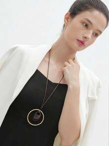 1件夸张简约圆形树脂石吊坠长项链，时尚个性简约风格派对项链，送给男友/女友的礼物，日常佩戴 - 金黃色圓圈 - 查看 9