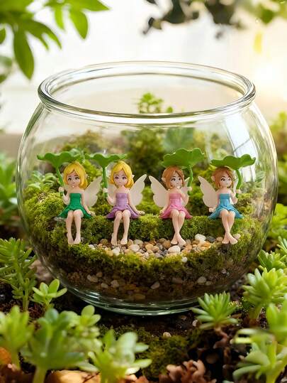 4pcs Mini Fairy Resin Decor, Suitable For DIY Fairy Garden, Planter, Micro Landscape Craft Accessories (Lotus Leaf Style), Mini Fairy Garden Accessories Fairy Sculpture With Fluttering Lotus Flower Wings Decor, Suitable For Car Decor, Fairy Garden, Planter, Birthday Cake Decor, Outdoor Decor
