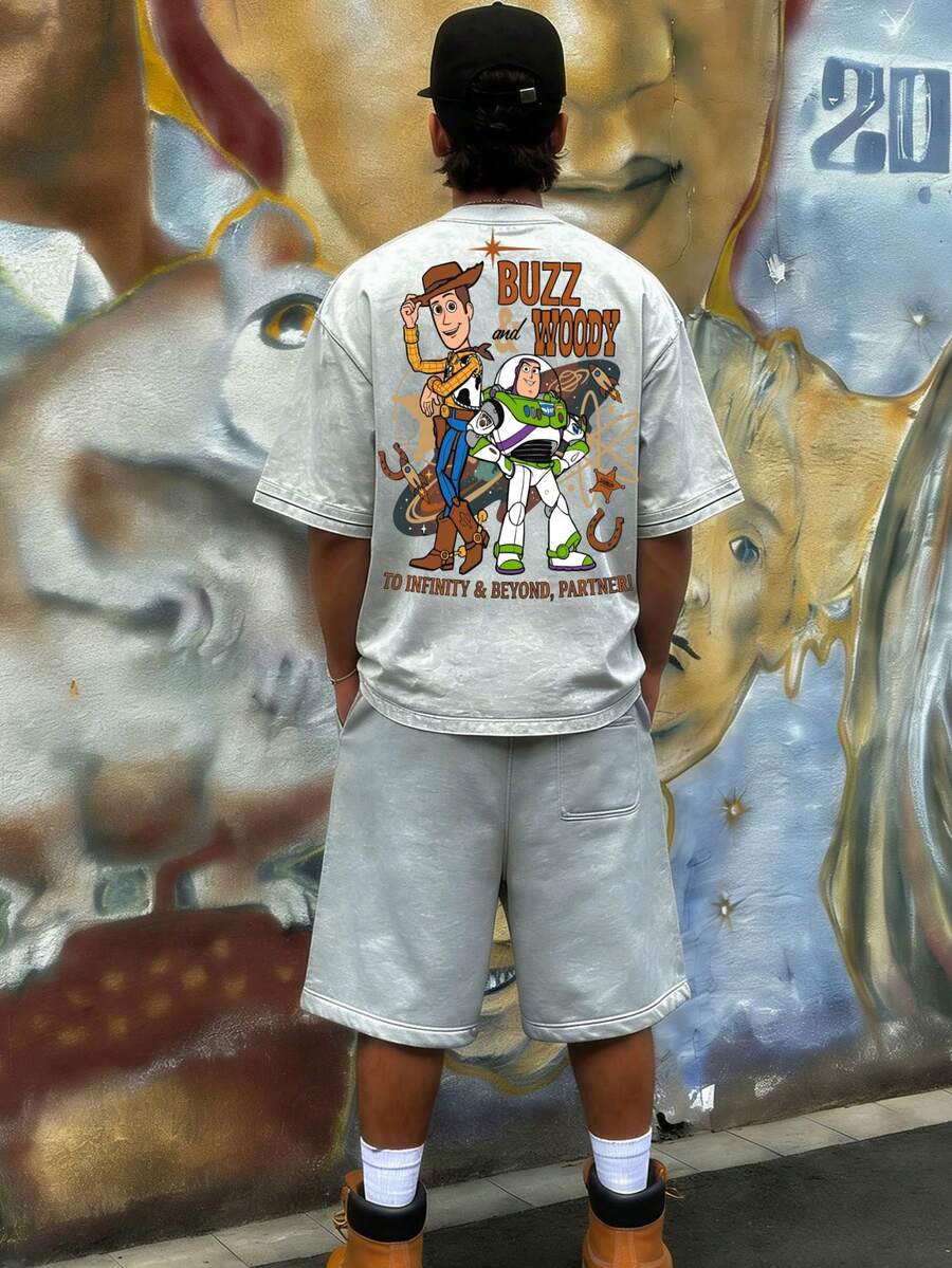 Disney-Heavy Cotton Toy Story Short Sleeved T-Shirt For Men With "TO INFINITY&BEYOND" Print Oversized Loose Fit Half Sleeved Top For Summer Casual Wear - 淺灰色 - 查看 1