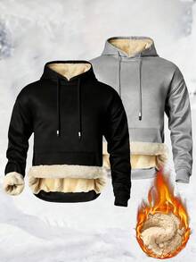 Sudadera con forro cálido para hombres, con bolsillos grandes, unicolor, uso casual al aire libre para el invierno - Negro - Ver 1