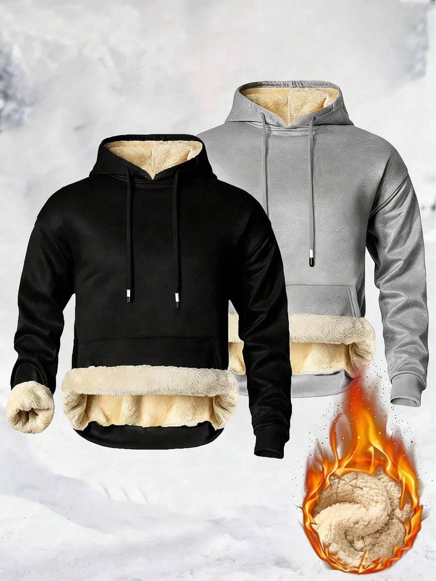Sudadera con forro cálido para hombres, con bolsillos grandes, unicolor, uso casual al aire libre para el invierno - Negro - Ver 1