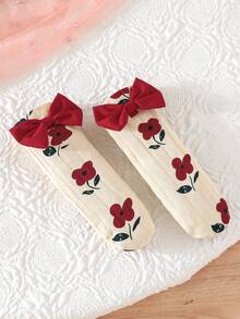 Newborn Baby Girl Gift Set - Dress With Bow, Floral Print & Ribbed Texture, With Socks And Headband - Apricot - View 8