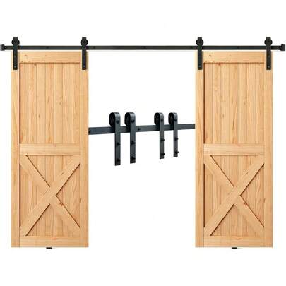 Sliding Barn Door Hardware Kit,  8FT 330LBS Heavy Duty Barn Door Track Kit For Double Doors, Fit 3.7-4.3FT Total Wide And 1.3"-1.8" Thick 2 Door Panel, With Smooth & Silent Pulley
