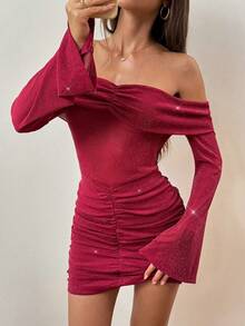 Women's Burgundy Metallic Thread Off Shoulder Ruffle Sexy Mini Dress - Burgundy - View 4
