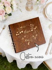 1 Libro de visitas de madera personalizado con nombre, 1 álbum de libro de visitas de boda con tema floral hermoso, 1 libro de visitas creativo. Este es un gran regalo para familiares y amigos, hecho con encuadernación espiral resistente. - Negro - Ver 2