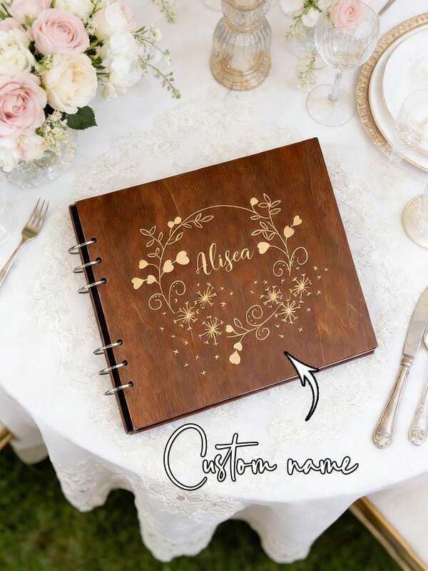 1 pieza Libro de mensajes de invitados de madera personalizado con un nombre personalizado, un hermoso álbum de mensajes de boda con temática floral, un libro de mensajes de invitados creativo. Es un regalo ideal para familiares y amigos, y está hecho con un método de encuadernación en espiral resistente.